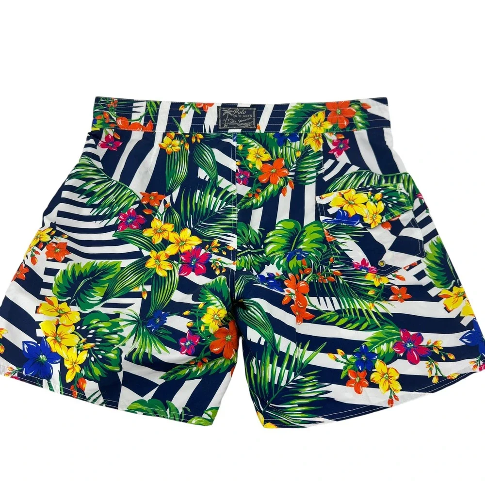 Polo Ralph Lauren Mens Tropical Floral Striped Swim Trunks Navy White Size‎ 38